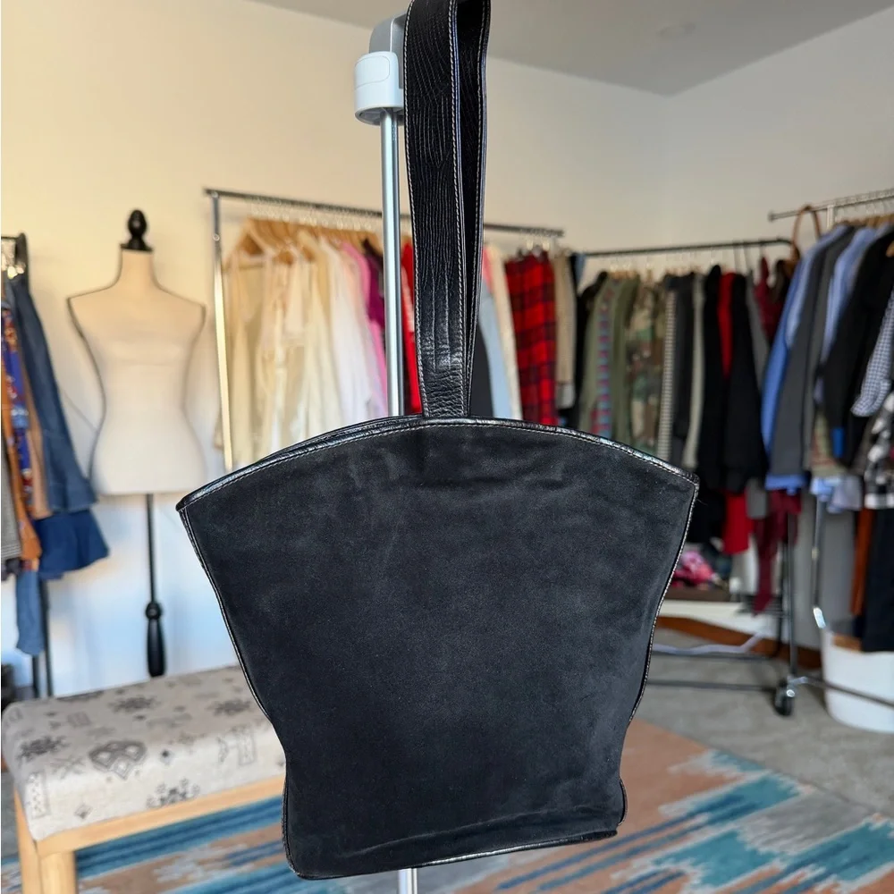 Vintage Roberto Ricci Black Suede Western Bag Stamped Lizard Trim Details